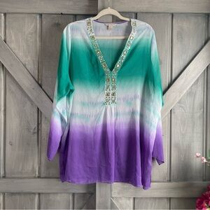Laura Ashley Women’s Gradient Aqua white purple‎ swim coverup Size 2X sheer